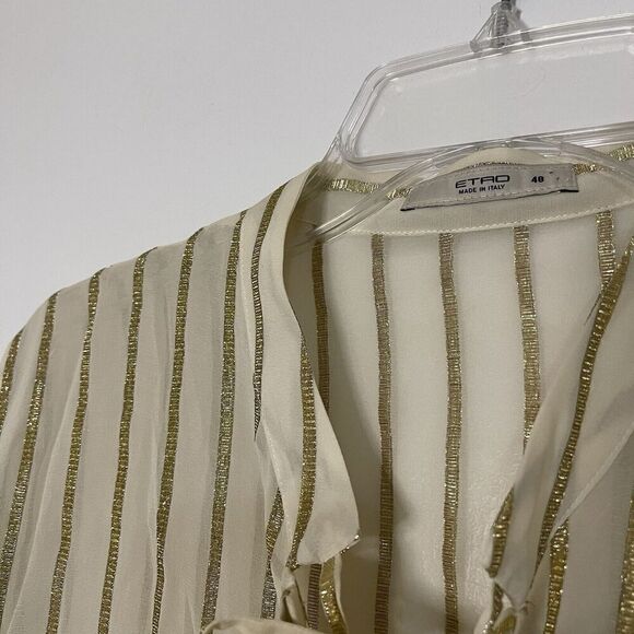 NEW! ETRO ivory gold striped button down silk blouse tie collar IT 48 US L $800 - Picture 2 of 7